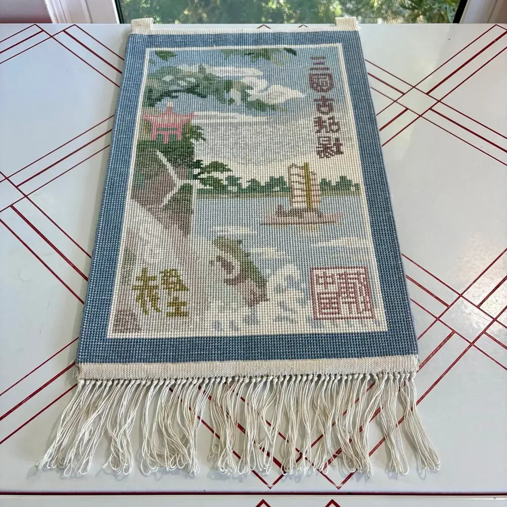 Vintage Chinese Silk Wall Hanging Rug Water and Boat Landscape Fringed Tassels